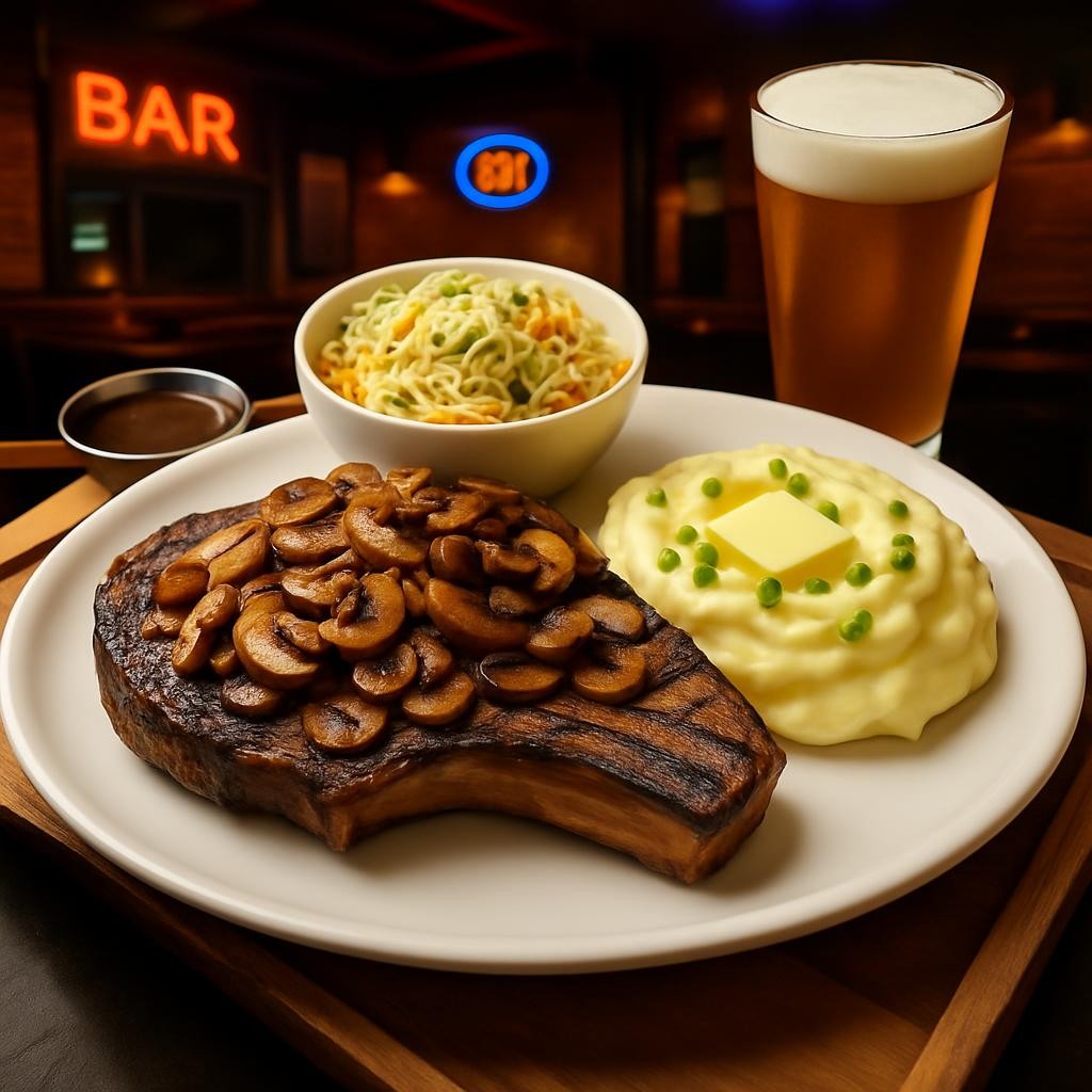 Grilled ribeye steak topped with sautéed onions and mushrooms, served with mashed potatoes with butter and chives, coleslaw, a small cup of gravy, and a glass of red wine