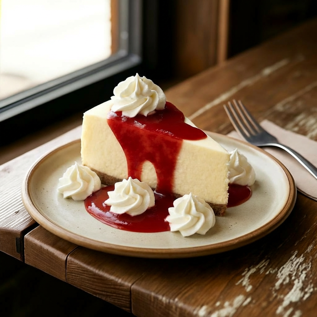Slice of cheesecake with raspberry, strawberry, blueberry, and mint on plate