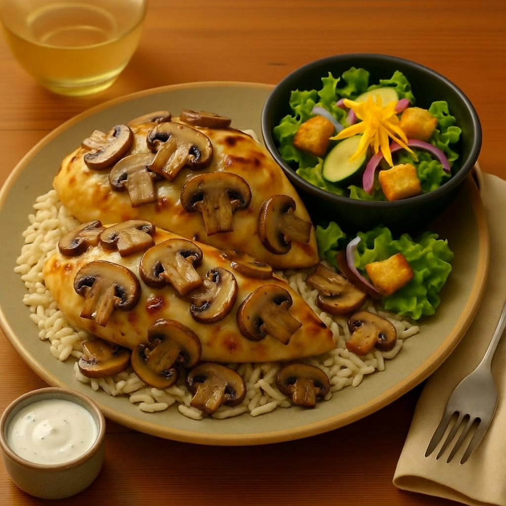 Grilled chicken with mushrooms and asparagus Grilled chicken breast with melted cheese and mushrooms on rice with asparagus on a plate