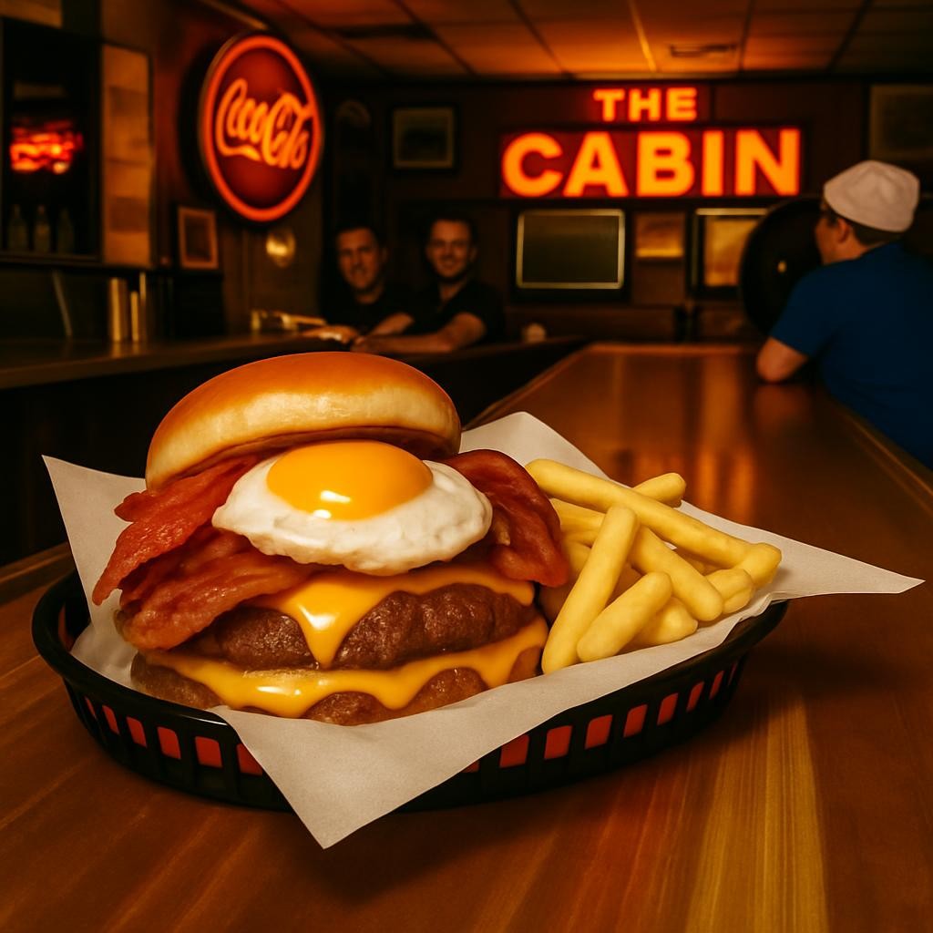 Classic bar meal with burger and fries Bacon cheeseburger with melted cheese and crinkle-cut fries on a tray at a bar counter